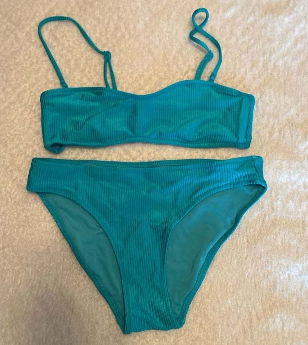 Aerie Bandeau Bikini Set Size S Teal Blue Ribbed Real Good Z119